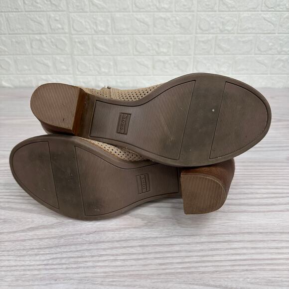 Toms Majorca Booties WMNS 9.5 Tan Diamond Perforated Suede Peep Toe Block Heels - Picture 7 of 9